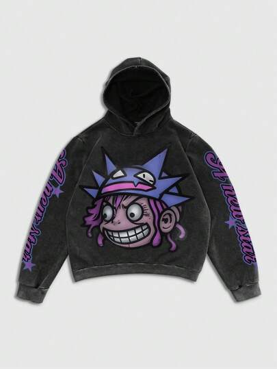 Street Life Men's Funny Portrait Graffiti Print Washed Vintage Hoodie High Street