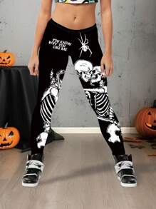 Flirla Skeleton Slogan Print Plus Size Quần legging thể thao cho Halloween - Nhiều màu - Xem 2