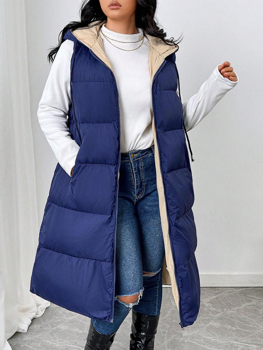 SHEIN Frenchy Plus Color Blocking Zip Up Vest Padded Coat, For Winter - Navy Blue - View 1