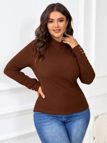 SHEIN Frenchy 大码纯色高领休闲长袖 T 恤 - 咖啡棕 - 查看 7