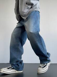 Claim Dot Men's Light Blue Vintage Distressed Washed Loose Fit Baggy Jeans - Dark Wash - View 6