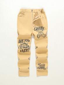 Tween Boys Graffiti Washed Soft Relaxed Casual Denim Jeans - Khaki - View 1