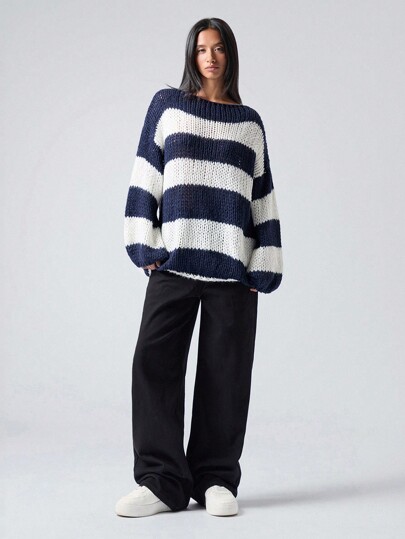 LYSMO 女士宽松落肩长袖海军蓝和白色条纹大码针织毛衣，秋冬