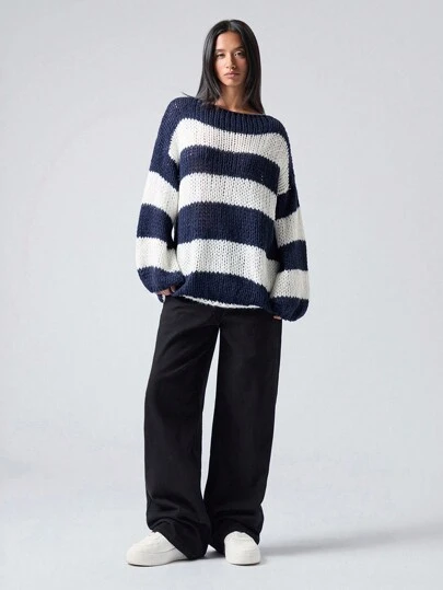 LYSMO 女士宽松落肩长袖海军蓝和白色条纹大码针织毛衣，秋冬