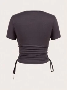 女士夏季休闲心形与字母印花抽绳侧边 T 恤 - 灰色 - 查看 2