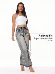 Women Loose Fit Straight Leg Casual Jeans With Pockets - Blue - View 4