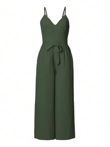EMERY ROSE 2pcs Women Summer Casual Solid Color Spaghetti Strap Top And Tie Waist Pants Set - Army Green - View 3
