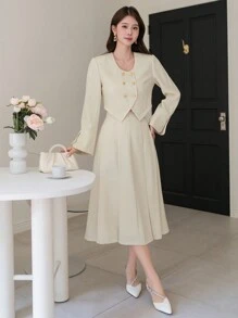 2 件套女式纯色纹理短款夹克和裙子套装，秋季服装 - 杏色 - 查看 4