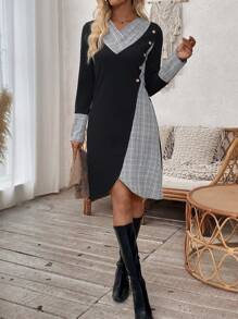 SHEIN LUNE 女式春夏格纹 V 领长袖纽扣装饰休闲连衣裙 - 彩色 - 查看 4
