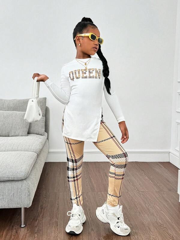 SHEIN 2pcs Tween Girl Side Slit Round Neck Long Sleeve T-Shirt & Graphic Print Leggings Set