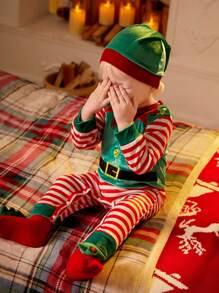 SHEIN Bộ 2 món/Bộ đồ liền thân phong cách đơn giản dễ thương cho bé trai/bé gái mặc ngày lễ Giáng sinh kèm mũ thêu, thích hợp mặc vào dịp Giáng sinh và mặc hàng ngày - Nhiều màu - Xem 1