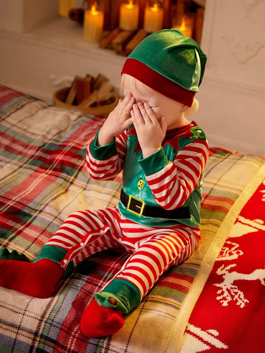 SHEIN Bộ 2 món/Bộ đồ liền thân phong cách đơn giản dễ thương cho bé trai/bé gái mặc ngày lễ Giáng sinh kèm mũ thêu, thích hợp mặc vào dịp Giáng sinh và mặc hàng ngày - Nhiều màu - Xem 1