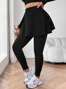 Flirla 大码纯色 2 合 1 口袋紧身裤 - 黑色 - 查看 4