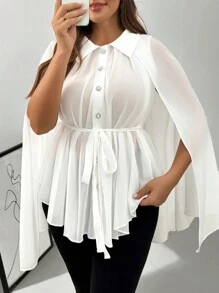 SHEIN Privé Plus Size Women Minimalist Comfortable Pleated White Blouse For Work & Prom - White - View 5