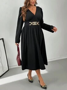 SHEIN Privé Gaun Wanita Ukuran Besar Lengan Panjang Leher V Hitam Model A-Line dengan Kantong, Musim Gugur/Dingin - Hitam dan Putih - View 6