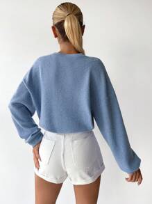 EURMUSE Solid Drop Shoulder Crop Sweatshirt - Baby Blue - View 2