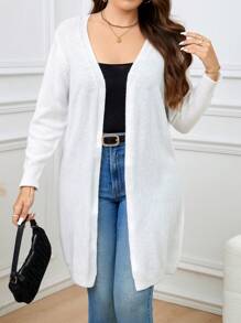 SHEIN LUNE Plus Size Women Open Front Long Sleeve Cardigan, Spring Autumn - White - View 1