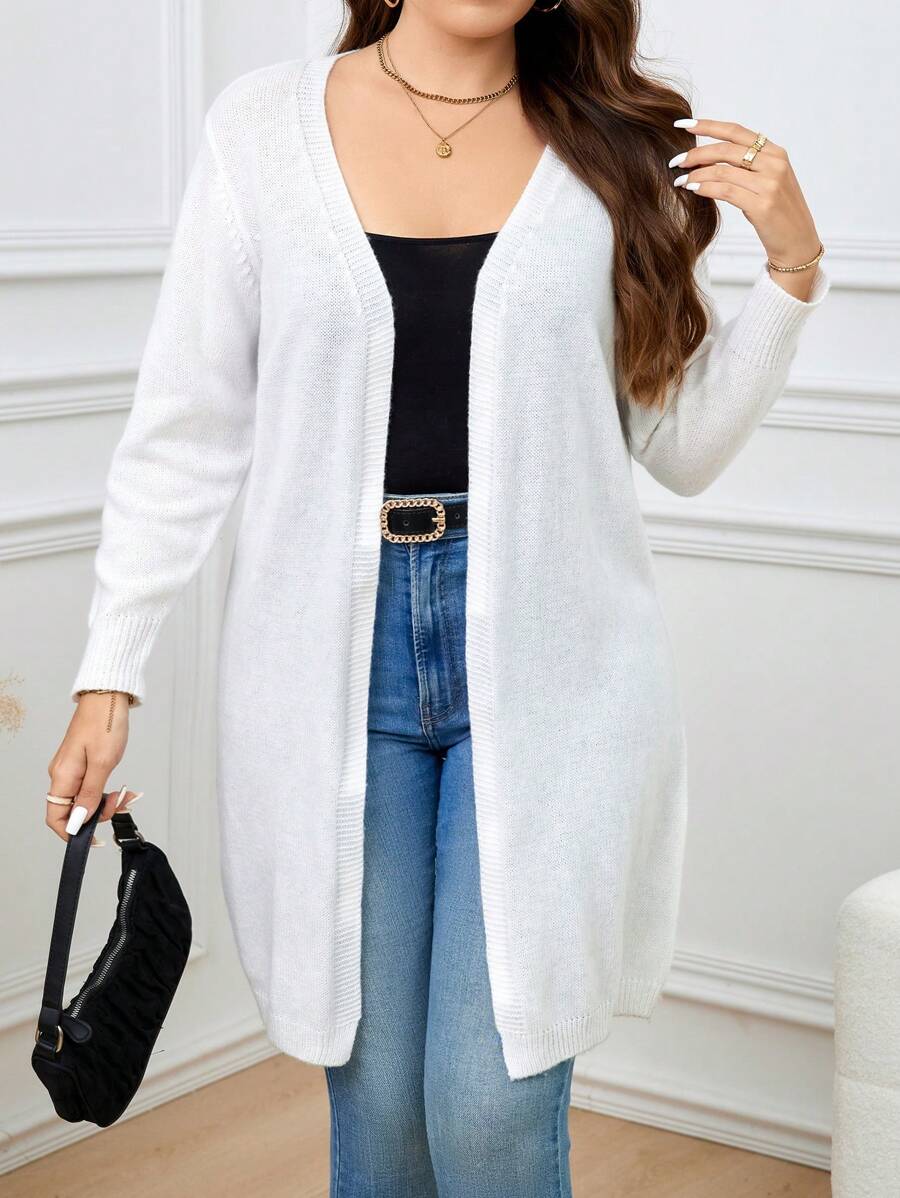 SHEIN LUNE Plus Size Women Open Front Long Sleeve Cardigan, Spring Autumn - White - View 1