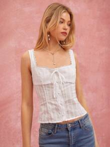 Enchnt Top de tirantes con cuello cuadrado, frente de encaje en contraste y lazo para mujer en verano
