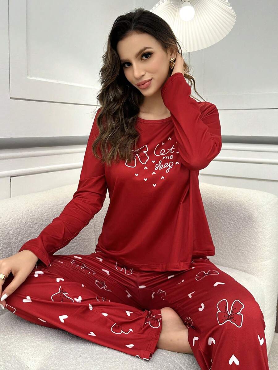 蝴蝶结爱心图案印花圆领长袖上衣和裤子睡衣套装，秋冬舒适优雅细节 - 紅色 - 查看 1