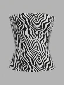 SHEIN EZwear 4 件套女士时尚动物印花抹胸，夏季 - 黑與白 - 查看 5