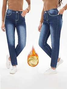 Women's Warm Thermal Lined Skinny Denim Jeggings For Winter - Blue - View 6