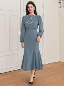 DAZY Bộ 2 áo hở vai và váy đuôi cá cho nữ, bèo nhún - Màu xanh lam - Xem 6