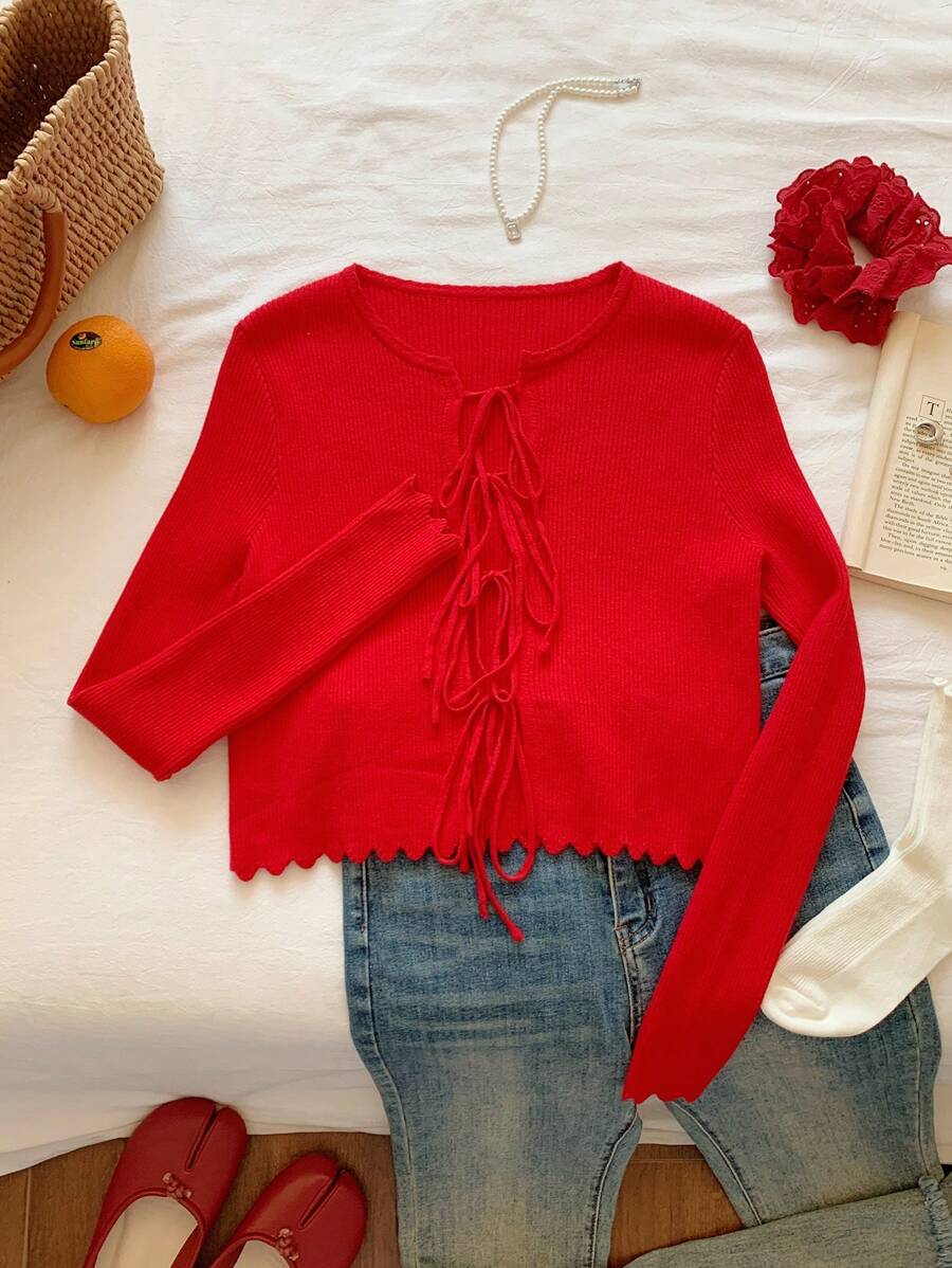 SHEIN X Garcia Sisters Comfortcana Valentine's Day,Red Cardigan Knit Top, Plus Size Women,Spring Summer Clothes - Red - View 1