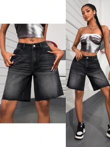 SHEIN EZwear Women's Pocket Design Frayed Hem Wide Leg Bermuda Denim Shorts - Black - View 2