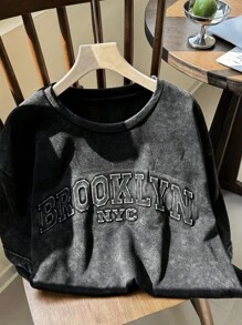 Comfortcana Plus Size Retro Distressed 3D Letter Loose T-Shirt - Dark Grey - View 5