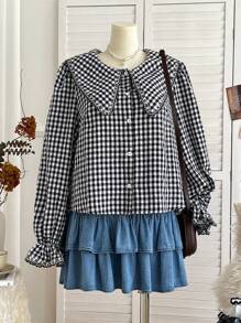 Soleia 大码 WYWH 女式度假领花边衬衫 - 黑與白 - 查看 3