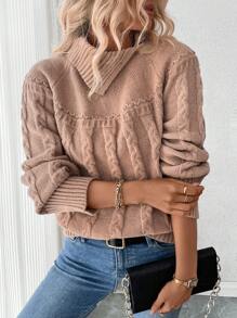 SHEIN Clasi Women's Long Sleeve Cable Knit Sweater, Knit Pullover Fall Winter - Apricot - View 5