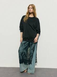 Maija 2pcs Women's Casual Solid Color Sweatshirt And Lace Side Slit Skirt Set