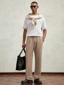 AKNOTIC Business Casual 男式针织松紧腰中腰直筒休闲裤 - 金属点缀，卡其色带字母