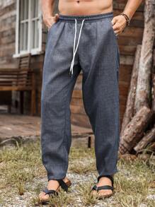 Manfinity Homme Quần dài thường ngày có túi rút dây màu trơn cho nam - Màu xanh bụi bặm - Xem 4
