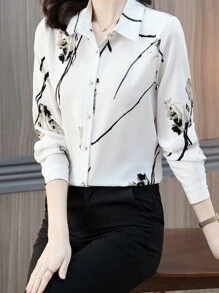 Blusa de manga larga con botones, elegante y con estilo para damas - Blanco - Ver 1