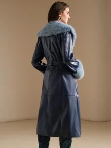 Anewsta 女式长款人造皮革海军蓝翻领大衣，配狐狸毛袖口 - 藏蓝色 - 查看 5