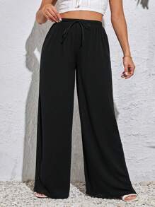 SHEIN Essnce Spodnie damskie z wysokim stanem i ściągaczem w dużych rozmiarach, spodnie damskie z szerokimi nogawkami, czarne spodnie, ubrania jesienne, spodnie damskie z kokardą, luźne spodnie damskie - Czarne - Zobacz 1