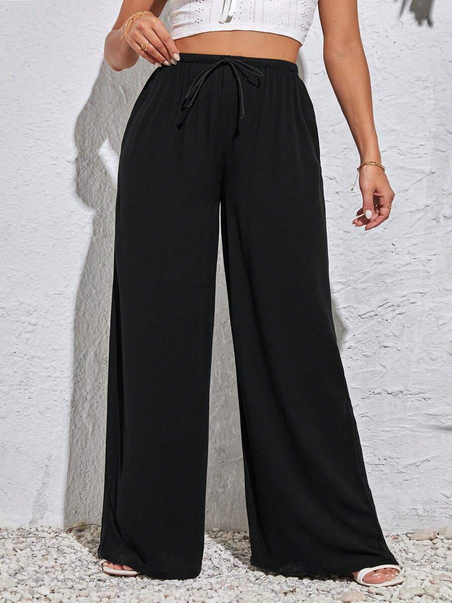 SHEIN Essnce Spodnie damskie z wysokim stanem i ściągaczem w dużych rozmiarach, spodnie damskie z szerokimi nogawkami, czarne spodnie, ubrania jesienne, spodnie damskie z kokardą, luźne spodnie damskie - Czarne - Zobacz 1