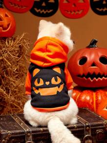 PETSIN 1pc Pet's Halloween Cute Expression Orange-Black Contrast Fleece Hoodie, Warm Sweatshirt For Cat & Dog - Multicolor - View 2