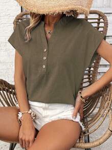 EMERY ROSE Áo sơ mi ngắn tay đơn giản hàng ngày màu trơn cho nữ - xanh quân đội - Xem 6