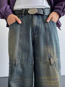 Manfinity EMRG Men's Dark Blue Vintage Washed Multi Pocket Wide Leg Baggy Jeans - Dark Wash - View 5