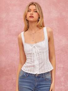 Enchnt Top de tirantes con cuello cuadrado, frente de encaje en contraste y lazo para mujer en verano