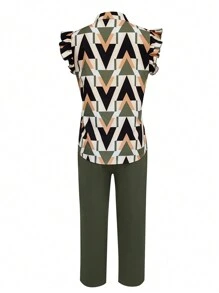 SHEIN LUNE 地理印花蝙蝠袖上衣＆腰帶褲 - 軍綠色 - 查看 2