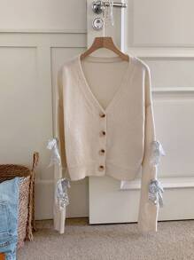 Comfortcana Women's V-Neck Button Down Long Sleeve Bow Tie Elegant Cardigan Sweater - Beige - View 5