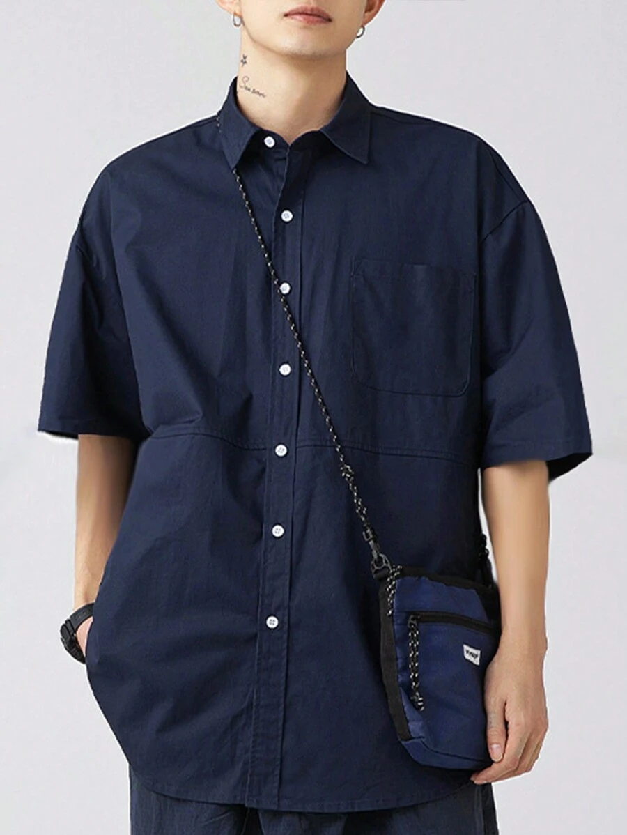 Claim Dot قميص رجالي أكمام قصيرة سهل أحادي اللون كاجوال بأزرار