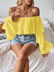 Rafferiza 1pc Women's Open Shoulder Ruffled Collar Long Sleeve Blouse Off The Shoulder Top Fall Cloth For Women - Yellow - View 4