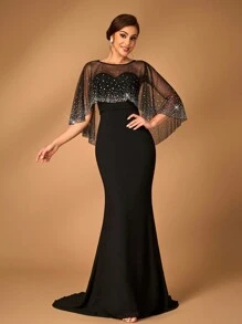 Serin 优雅经典黑色雪纺拼接华丽网纱细闪烫钻精湛工艺抹胸披肩披肩2件套鱼尾款及地下摆适合妈妈出席婚礼活动晚宴舞会正式妈妈装妈妈晚礼服，新娘妈妈礼服 - 黑色 - 查看 5