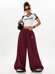 Coolane Women Loose Fit Casual Wide-Leg High Street Textured Baggy Straight Leg Pants - Burgundy - View 4