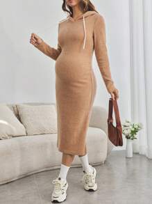 SHEIN Áo nỉ trùm đầu màu trơn cho bà bầu, tay dài có dây rút, váy thu/đông - Màu Khaki - Xem 5